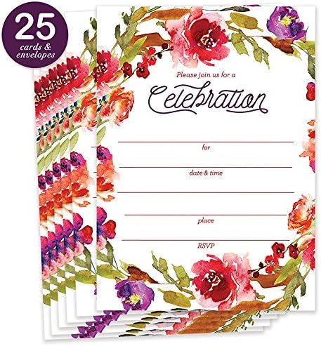DB Party Studio Rustic Fall Floral Invitations with Envelopes ( Pack of 25 ) Any Occasion Large 5x7" Fill In Wedding, Anniversary, Retirement, Housewarming, Bridal Shower Party Invites VI0057B