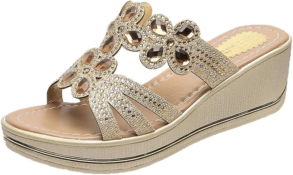 Aribelly Clearance Sale ! Women Bohemia Crystal Wedges Thick Peep Toe Sandals Slippers Shoes
