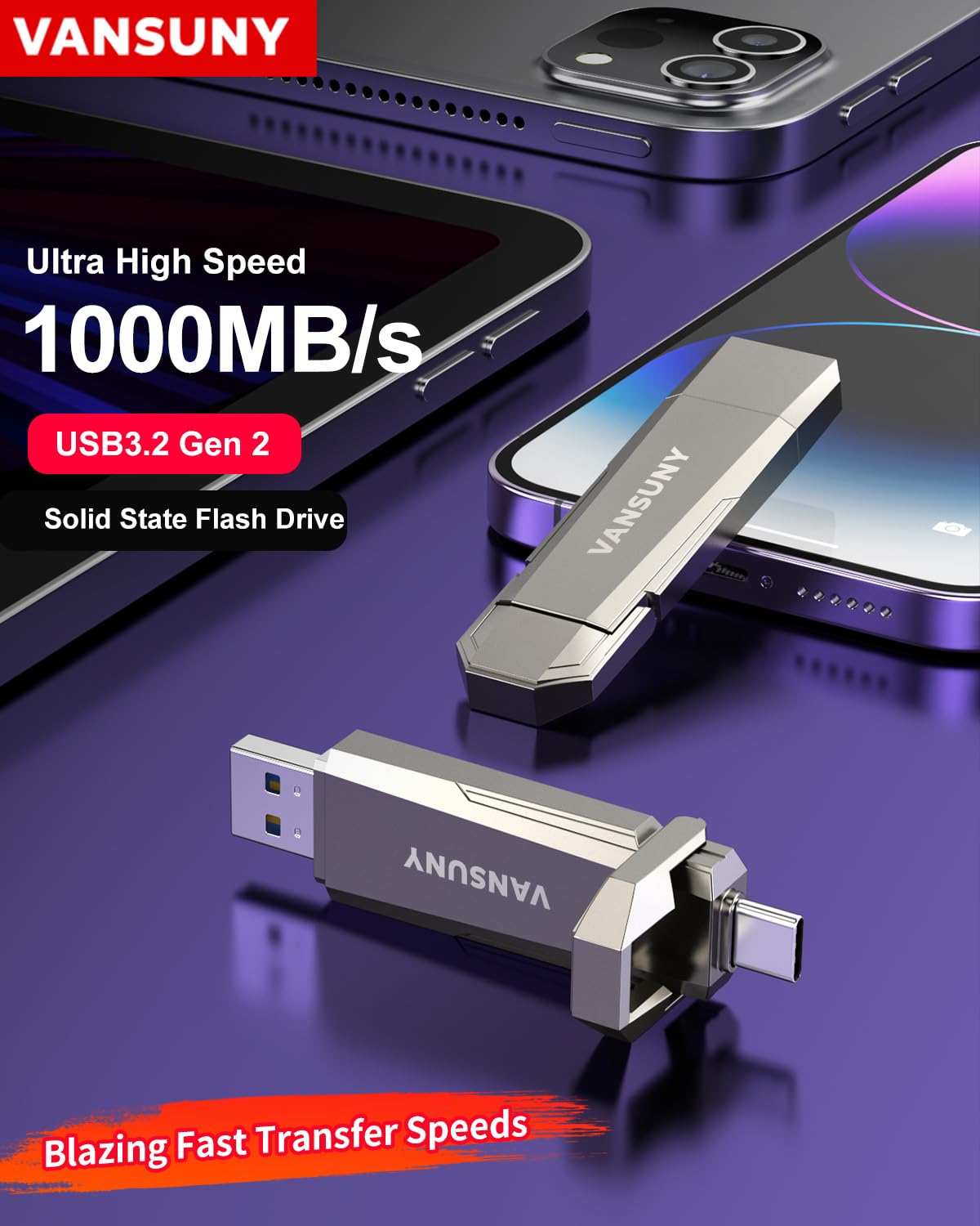 Vansuny USB-C Stick 512GB mit bis zu 1000 MB/s Externe SSD Dual USB-Stick USB-C + USB A Speicherstick 512GB für iPhone 15/16, Handy, Android-Telefon, Laptop, Tablet, Mac, Festkörper Laufwerk 2