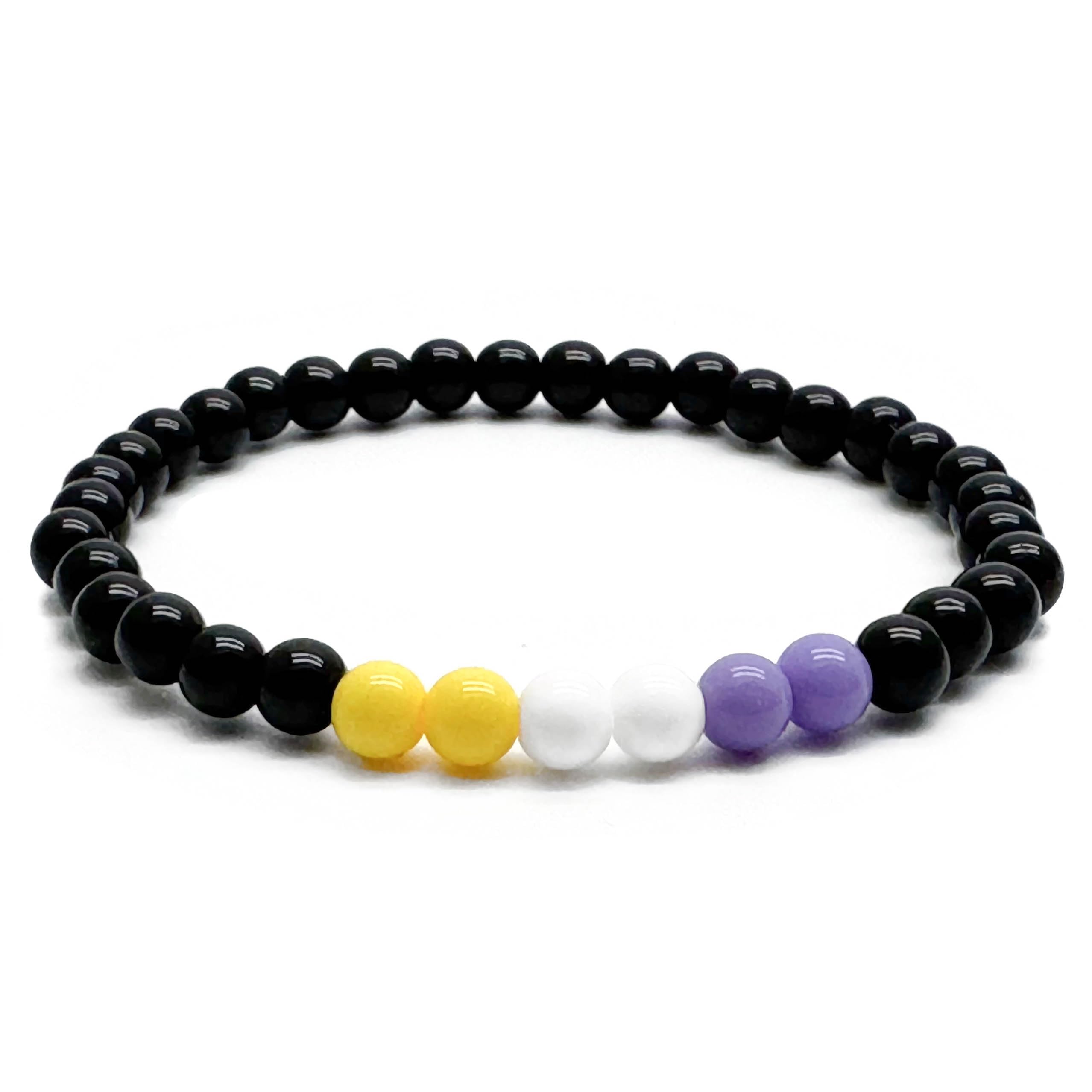 Non Binary Flag Bead Bracelet, 6mm Yellow White Lavender and Black Acrylic Beads, LGBT Pride Awareness : Size Small/Medium 7 inches, Gift for Enby
