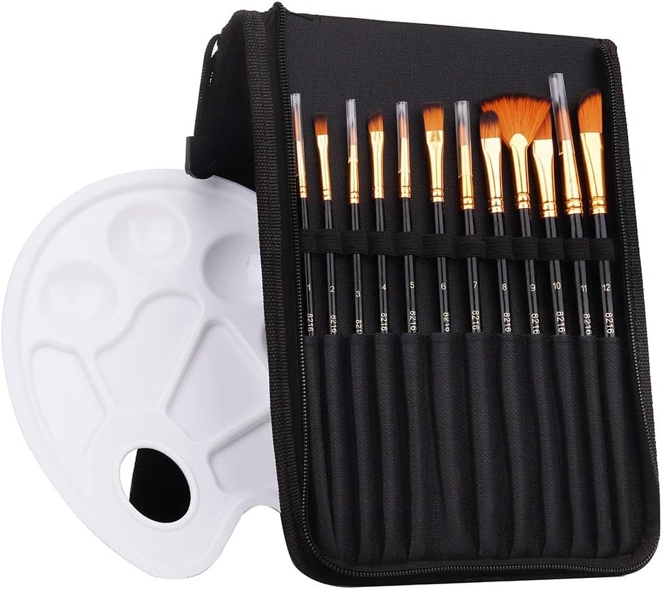 DunGu Art Supply Paint Brushes Set 12pcs Brushes 1Pallette in Carrying Case, Perfect for Acrylic, Watercolor, Oil and Gouache Artist