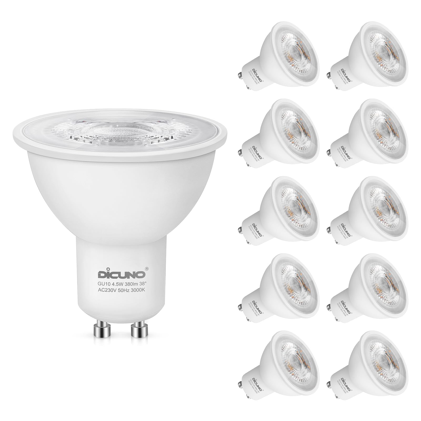 DiCUNO GU10 LED Bulbs Warm White 3000K, 4.5W 380LM Energy Saving GU10 LED Light Bulbs, 40W Halogen Spotlight Equivalent, Non-dimmable for Home Lighting Decor, 38° Beam Angle, 10 Pcs