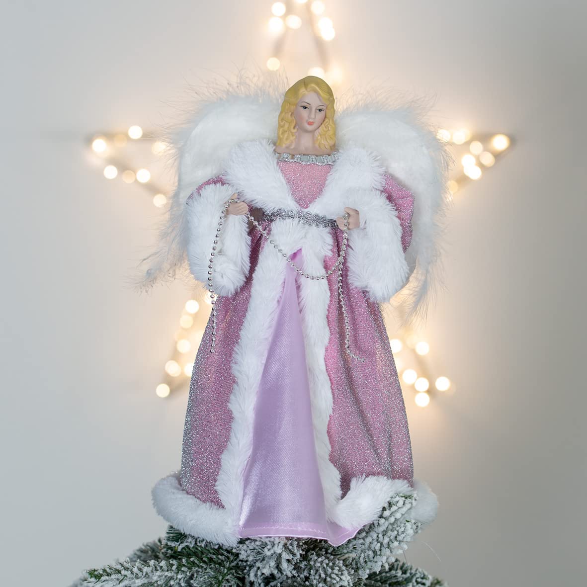 The Christmas Workshop 71109 Angel Tree Topper / 12” Tall/Pink and White Dress/Indoor Christmas Decoration