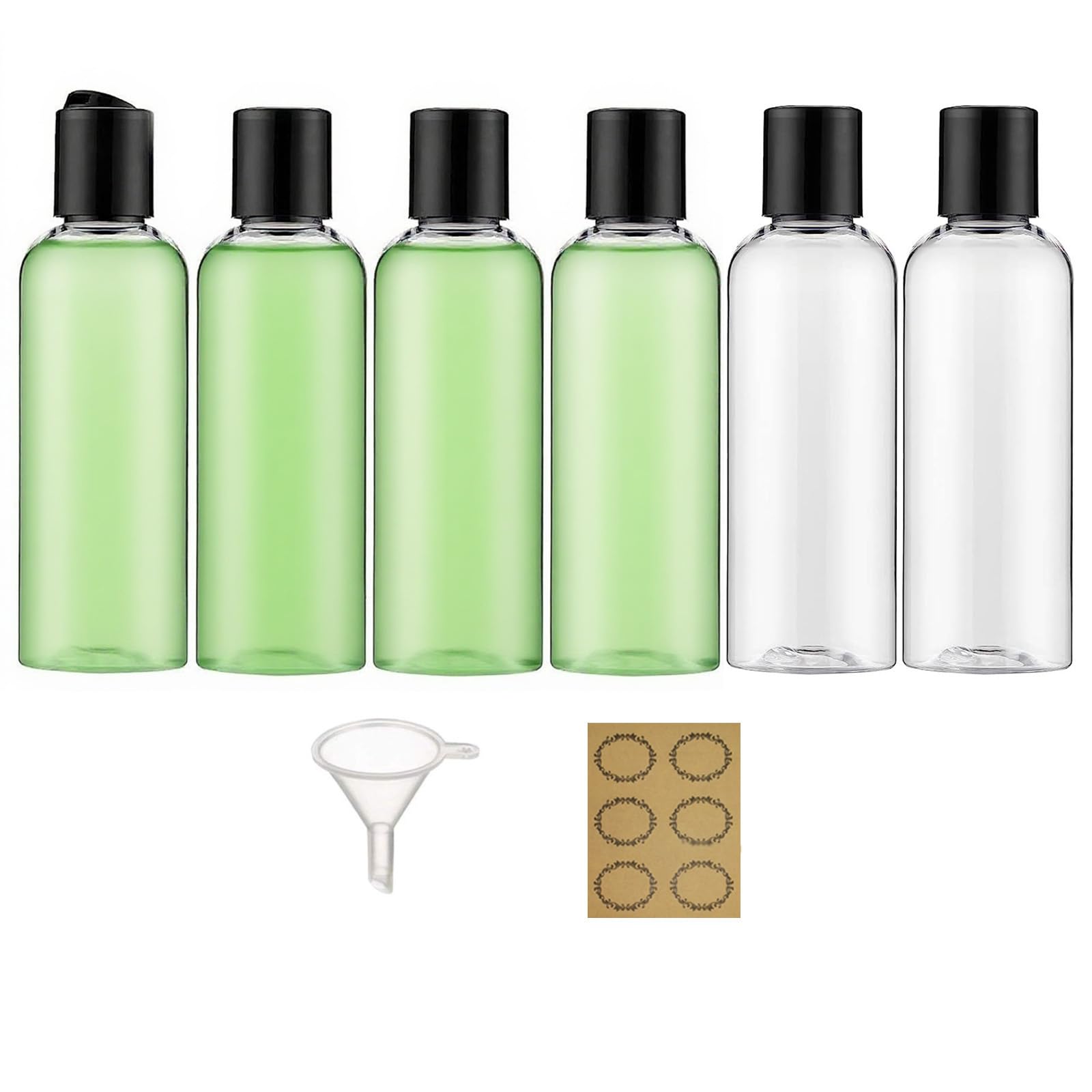 Apstaqeoo 6PCS 100ML Plastic Bottles with Disc Top Flip Cap Empty Squeeze Bottles Refillable Travel Container Dispensing with 1 Funnel 6 Label TSA Approved for Liquid Lotion Toiletries（Transparent）
