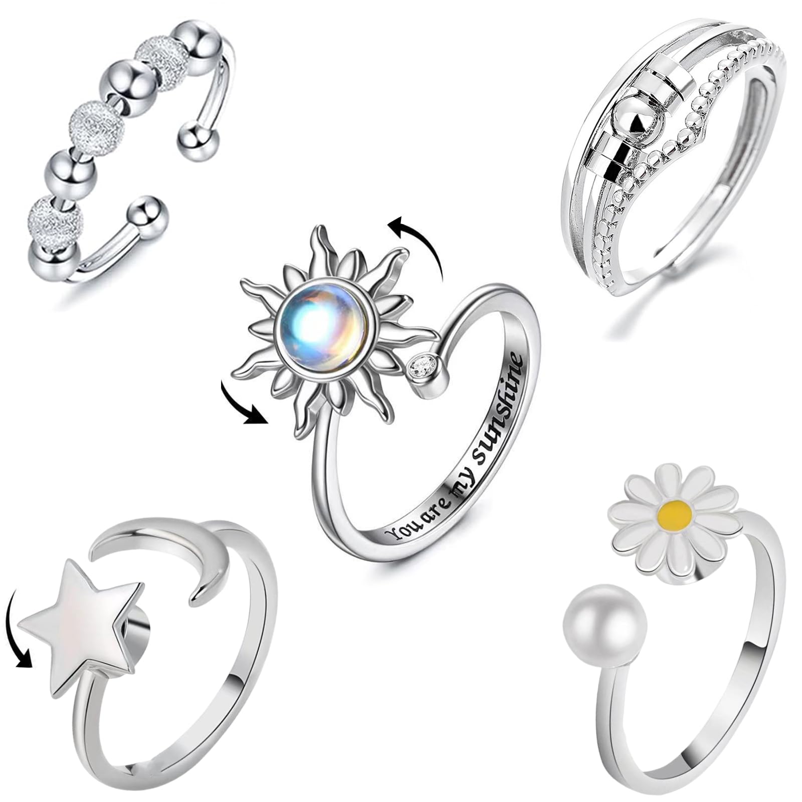 Mxlfdc Fidget Rings for Anxiety Women, 5 Piece Set Fidget Rings, Stress Relief Gifts for Women Girls, Fits Almost Any Size Anxiety Ring Fingers Suitable for All Ages