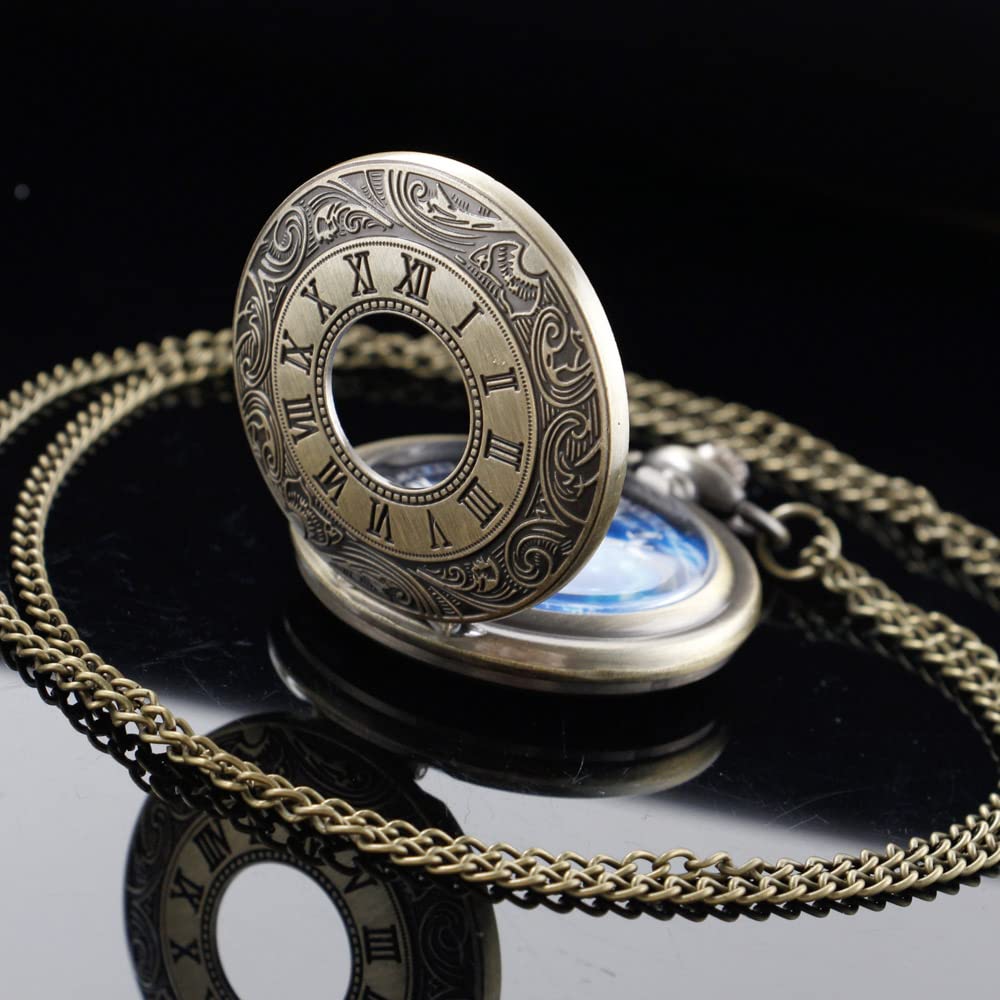 Tiong Pocket Watch Hollow Blue Star Design Roman Numerals Quartz with Chain Christmas Birthday Gifts