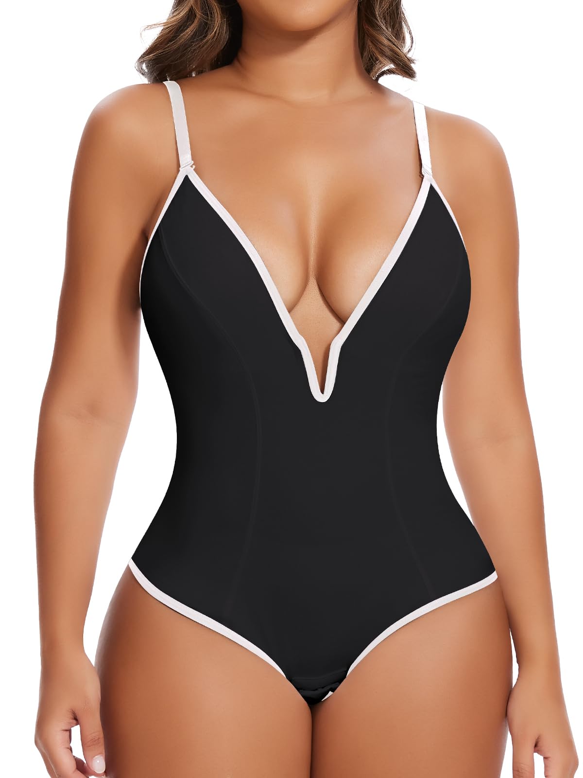 SHAPERIN Women's Sexy Deep V Neck Plunge Shapewear Tummy Control Low Back Backless Body Shaper Corset Bodysuit Contrast Black S