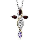 Cross Necklace For Women In 925 Silver and 10K Yellow Gold with Lab Grown Diamond and Garnet and Tanzanite | 1.37 Cttw | Jesus Christian Religious Crucifix | Marquise Cut 8X4MM | With 18 Inch Chain