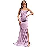 WIOJEIGO Satin Prom Dresses for Women Long 2025 Strapless Mermaid Corset Lace Appliques Evening Dress with Side Slit