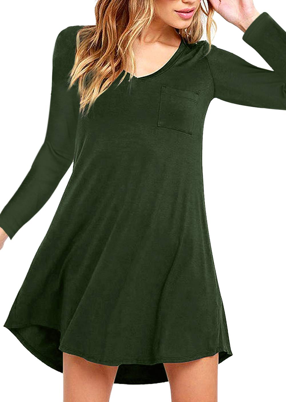 Eanklosco Womens Casual Short Sleeve Plain Pocket V Neck T Shirt Tunic Dress (Green-1, M)