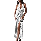 WDIRARA Women's Polka Dots Halter Dress High Split Deep V Neck Backless Bodycon Maxi 3D Flower Dresses