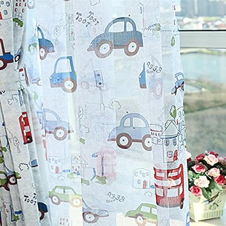 adaada Cartoon-Auto-Stil Kinder vorhänge mit Kräuselband, Tüll vorhänge für Kinderzimmer,2er-Set(160cmX140cm,Tüllvorhang)