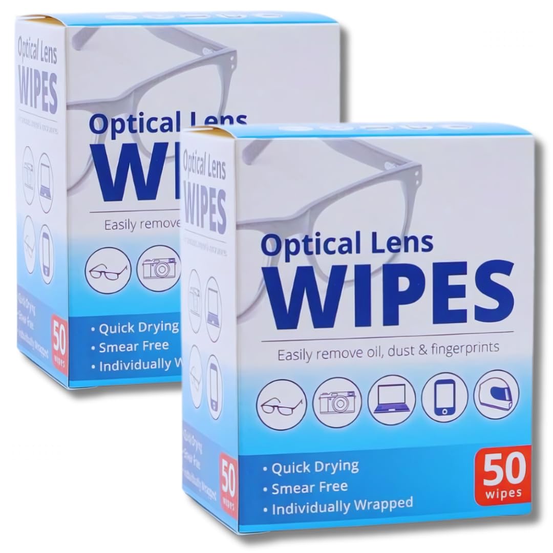 Optical Lens Wipes Bundle - 2 Boxes of 50 Pre-Moistened Optical Lens Wipes (100 Total) - Streak-Free, Quick-Drying, and Anti-Static Cleaning Wipes for Glasses, Cameras, and Screens by Kevagh