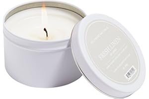 Hillhouse Naturals Fresh Linen Scented 5oz. Candle Tin. Blend of Lemon and Orange Interwoven with Bergamot, Rose, Jasmine and Musk.100% Soy Wax Blend. Made in The USA