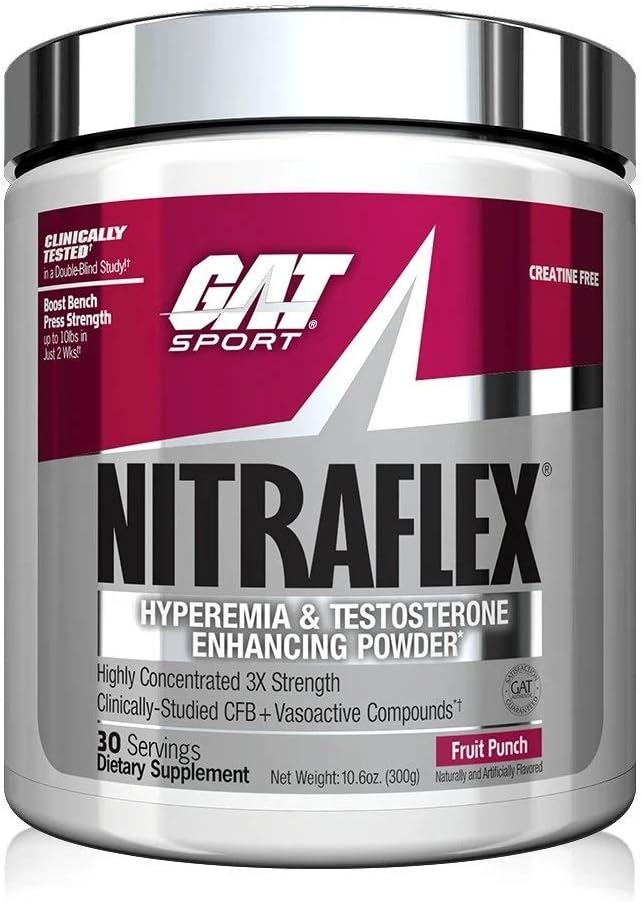 GAT Sport, NITRAFLEX Testosterone Boosting Powder, Increases Blood Flow, Boosts Strength and Energy, Improves Exercise Performance, Creatine-Free (Fruit Punch, 30 Servings): Health & Personal Care