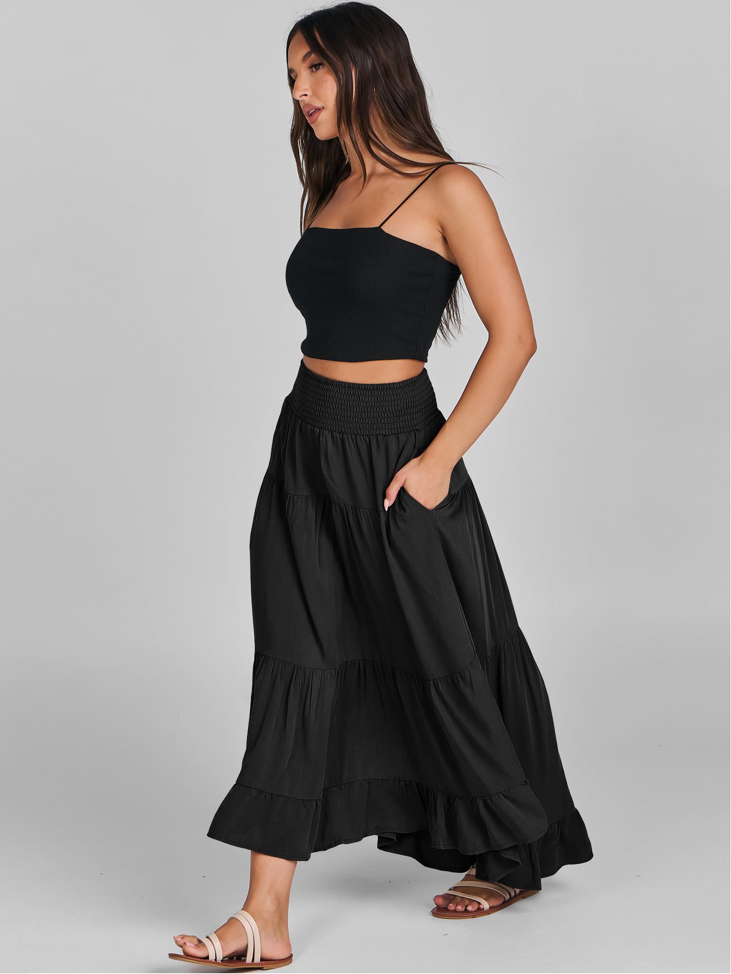 ANRABESS Women Summer Maxi Skirt Elastic High Waist Flowy Boho Casual Tiered Aline Long Beach Skirts 2025 Trendy Outfits