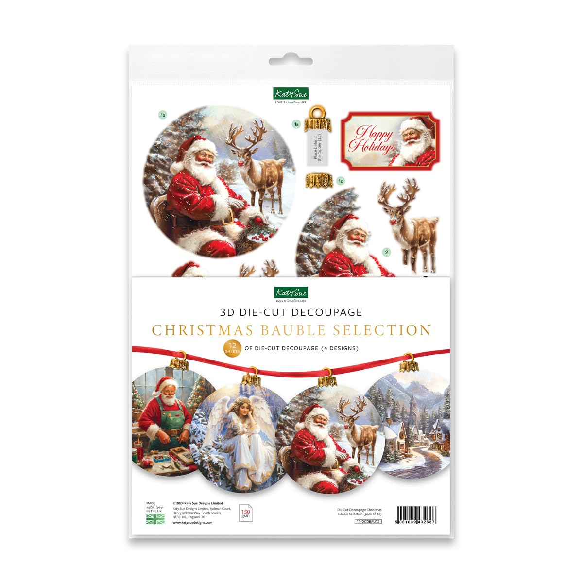Katy Sue Christmas Bauble Selection Die Cut Decoupage Pack. 12 Pre-Cut Die-Cut Decoupage Paper Sheets for Christmas Card Making Supplies, Card Toppers, & Papercraft Baubles from Katy Sue Designs