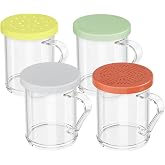 GATBO 4-Pack Plastic Dredge Shaker Set, 10 oz Clear Flour &amp; Sugar Dispensers with Handles, Commercial Seasoning Shakers for Powder, Spices &amp; Herbs, 4 Bodies &amp; 4 Lids with Different Hole Sizes