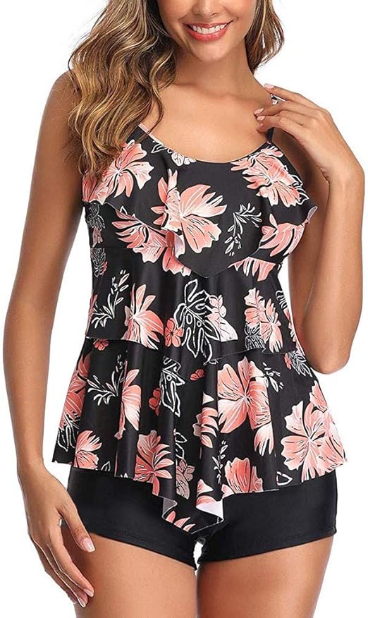 Ronony Damen Zwei Stücke Tankini Rüschen Volant Geschichtet Bademode