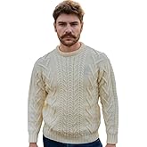 SAOL 100% Merino Wool Men's Irish Traditional Aran Crew Neck Cable Knit Sweater Pullover