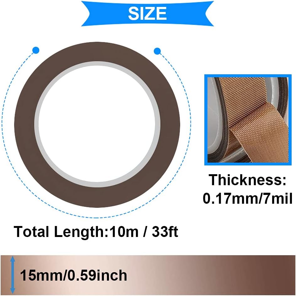 Youmile 5 Rolls High Temp Tape Polyimide Heat Resistant Tape 3/6/8/12/15mm x 33m(108ft) Thermal Tape High Temperature Tape for Soldering, Heat Transfer with 2 Rolls 15mm x 10m(33ft) Teflon Tape - Image 5