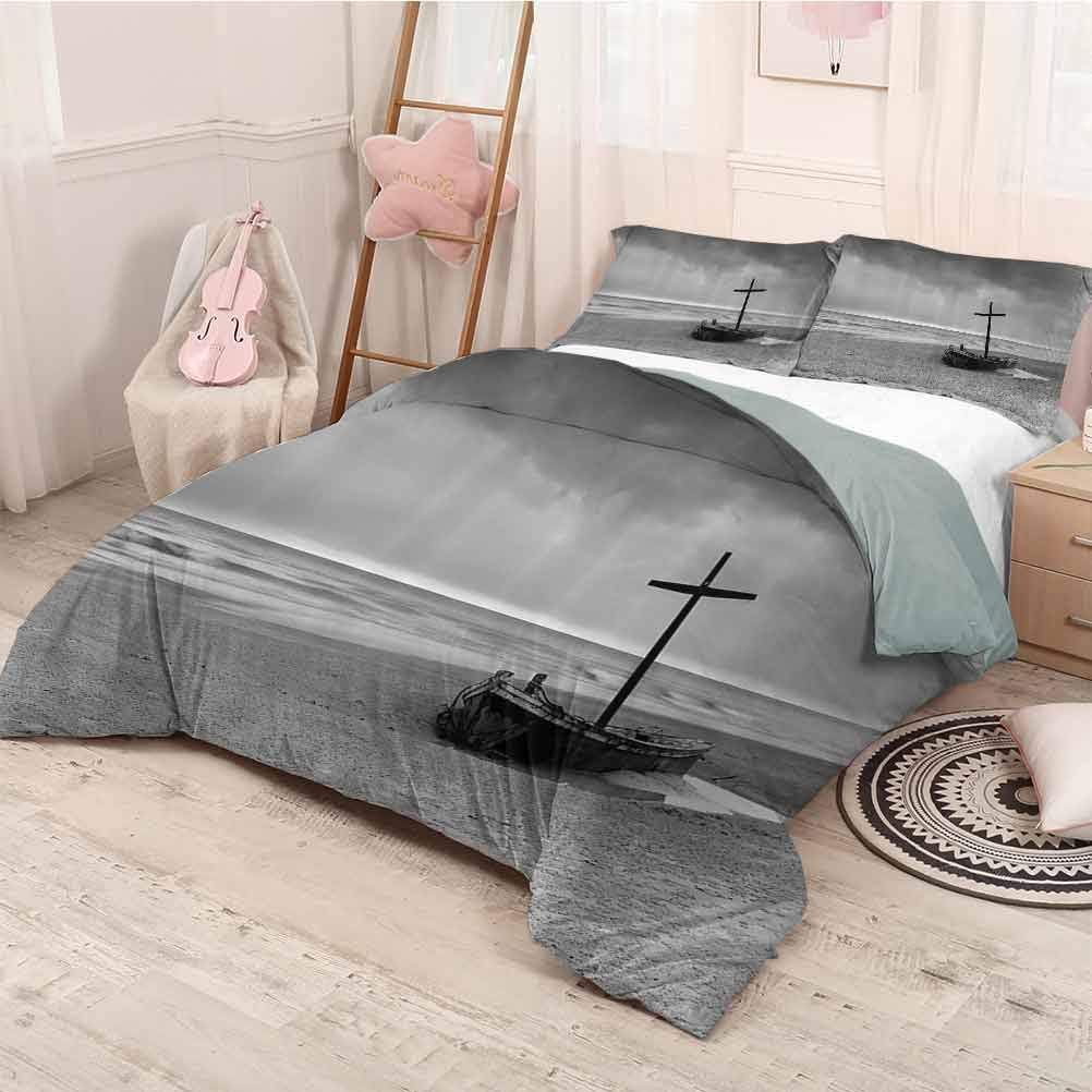 HELLOLEON Ocean Decor 3-Pack (1 Duvet Cover and 2 Pillowcases) Bedding Wreck Small Stranded Boat on Seaside Snow Clouds Windy Day Wave Picture Polyester (Twin) Black and White