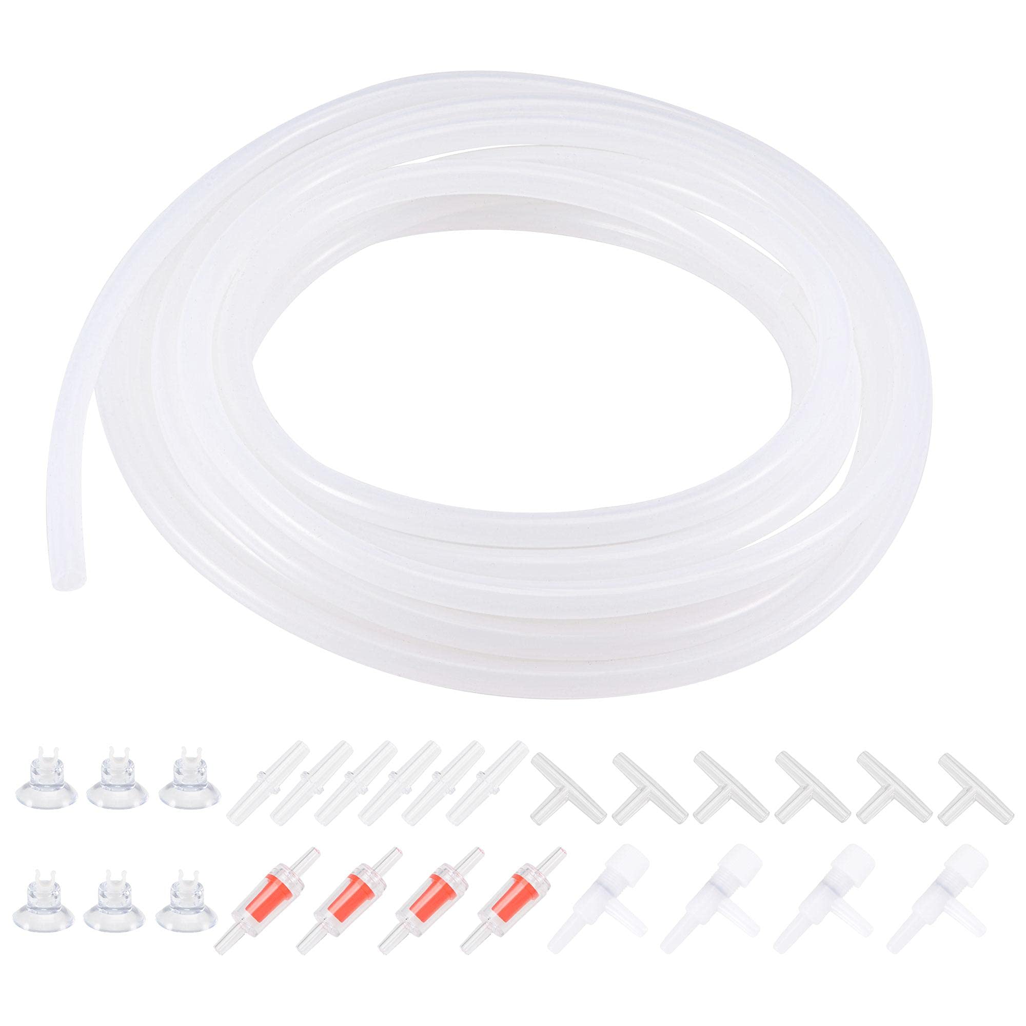 sourcing map Silicone Tubing 4mm ID 6mm(1/4") OD 5m Aquarium Air Hose with Check Valves, Suction Cups, Connectors, Regulating Valve