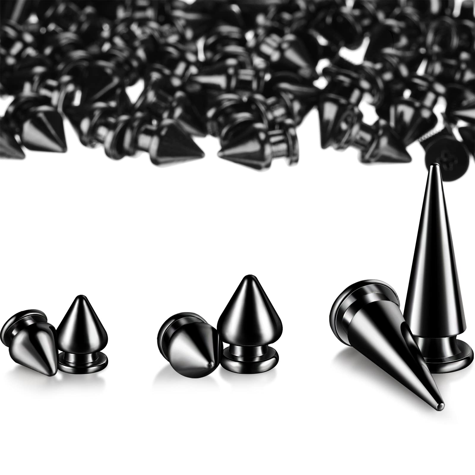 Photo 1 of 170 Pieces Multiple Sizes Cone Spikes Screwback Studs Rivets Large Medium Small Metal Tree Spikes Studs for Punk Style Clothing Accessories DIY Craft Decoration (Black)