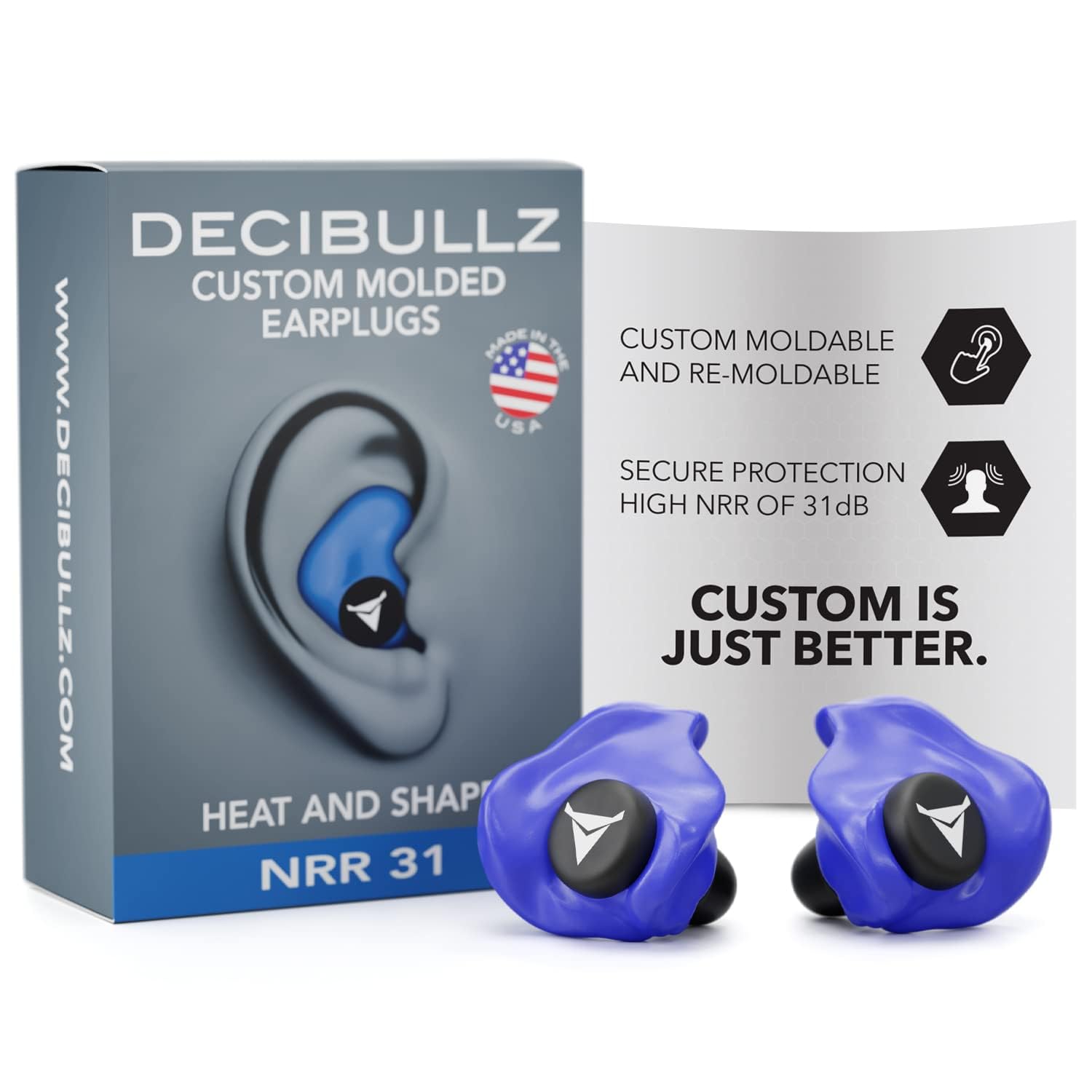 Decibullz - Custom Molded Earplugs, 31dB Highest NRR, Comfortable Hearing Protection for Shooting, Travel, Swimming, Work and Concerts (Blue) โ image 1