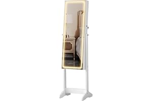 SONGMICS LED Mirror Jewelry Cabinet, Adjustable Brightness and 3 Shades of Light, Jewelry Armoire UJJC016W01