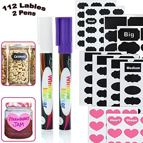 Chalkboard Labels 112 Large, Medium & Small | Waterproof, Reusable Labels for Marking Spice Jars & Food Containers | White & Purple Markers Included