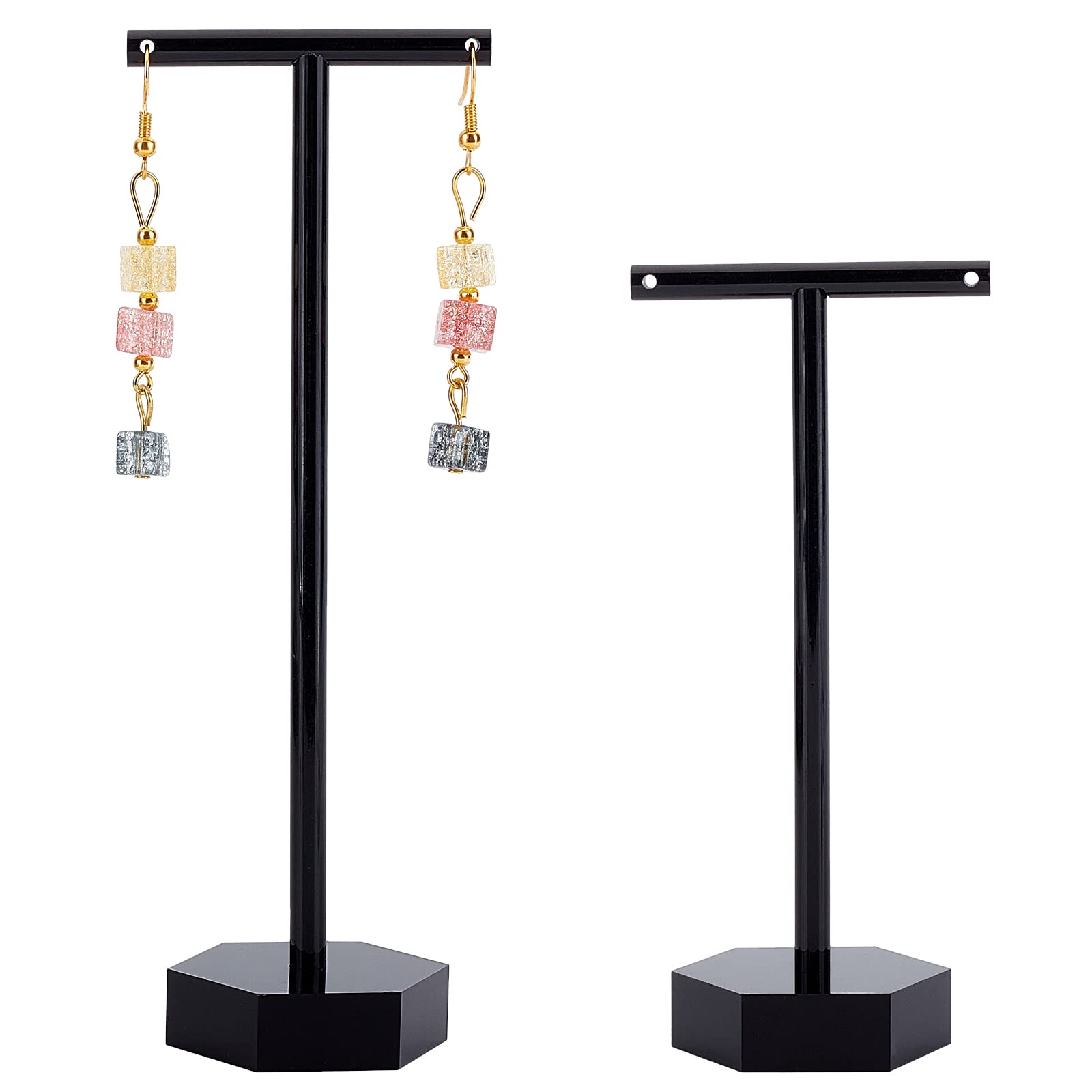 FINGERINSPIRE 2Pcs Acrylic Earrings Stand Holder T-Shape with Holes Ear Studs Display Rack Jewelry Organizer Earring Retail Display Photography Props(Black-Hexagon Base, 2 Heights:14cm & 11cm)
