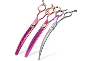 FOGOSP 45°Curved Dog Grooming Scissors Curved Thinning Shears Curved Chunkers Dog Shears 3Pcs Combo (RoseRed)