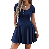 Women Summer Square Neck Mini Dresses Button Down Drop Waist T Shirt Dress Short Swing Sundress with Pockets