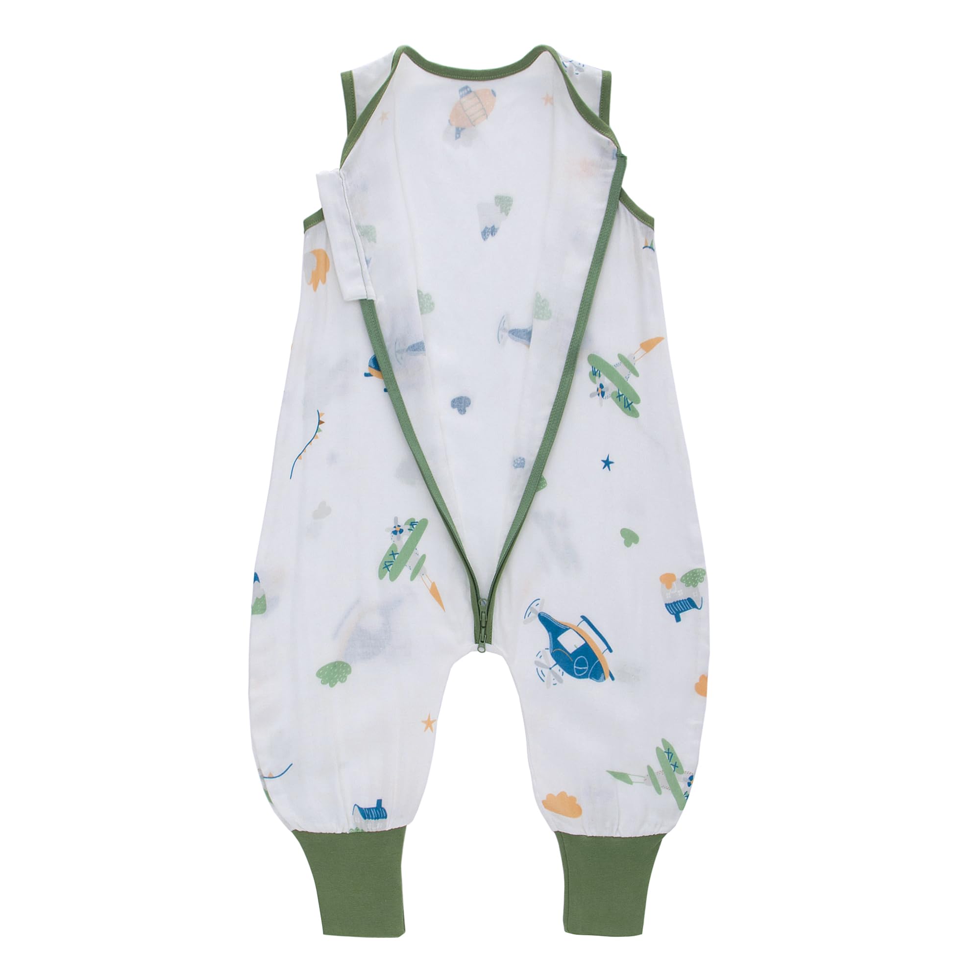 LAT Baby Summer Sleeping Sack with Feet 0.5 Tog, 100% Cotton Muslin Baby Sleeping bag with Legs Sleeveless Toddler Sleep Sack Wearable Blankets for Boy Girl(Green Airplane,1 Pack,L/90(2-4T))