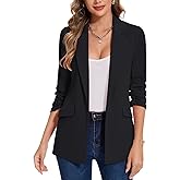 MINTLIMIT Blazer for Women Open Front 3/4 Ruched Sleeve Suit Jacket Notched Collar Casual Work Office Blazers with Pockets