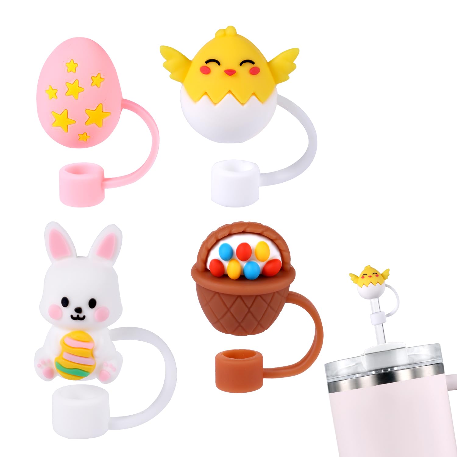 4pcs Easter Straw Cover Caps for Stanley Cup, Cute Animal Theme Silicone Straw Caps Covers Reusable Tumbler Straw Toppers Straw Tips Accessories and Gifts for Stanley 30/40oz
