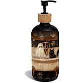 OuOvOwO Halloween Black Cat Ghost Bathroom Glass Soap Dispenser | Vintage Funny Ghost Hand Soap Dispenser,Halloween Cat Refillable Handsoap Pump Bottle for Bathroom Washroom Countertop