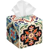 DXTKWL Tissue Box Cover Colorful Boho Ceramic Tile Square PU Leather Tissue Box Holder for Car Bathroom Bedroom Desk Tabletop Decor