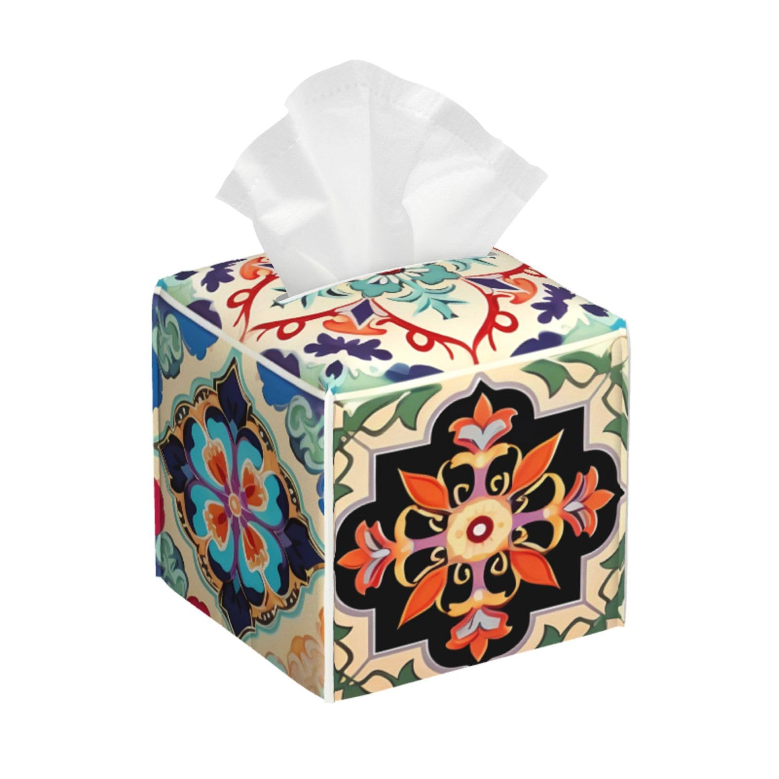 Photo 1 of DXTKWL Tissue Box Cover Colorful Boho Ceramic Tile Square PU Leather Tissue Box Holder for Car Bathroom Bedroom Desk Tabletop Decor