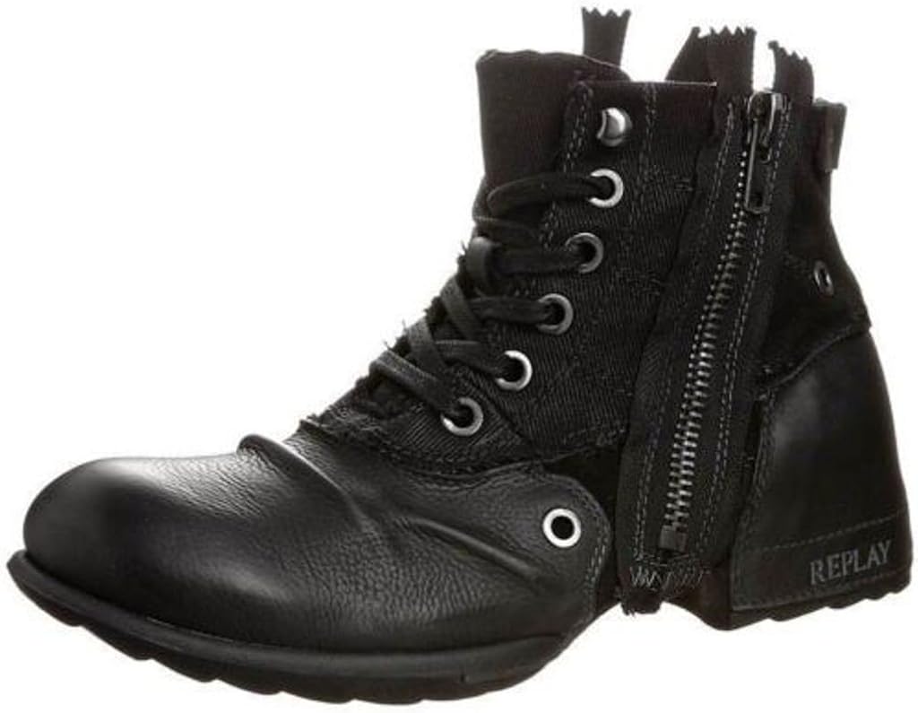 Replay Clutch Noir Hommes Side Zip Mid Ankle Cuir Army Bottes