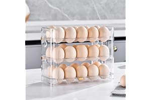Egg Storage for Fridge, 30 Eggs Large Capacity Egg Dispenser for Regrigerator Storage, Auto Flip Egg Container with Handle, E