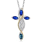 Cross Necklace For Women In 925 Silver and 10K Yellow Gold Lab Grown Diamond and Created Sapphire and Topaz | 1.39 Cttw | Jesus Christian Religious Crucifix | Marquise 8X4MM | 18 Inch Chain