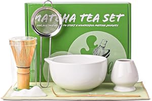 QINGSHI Matcha Whisk Set, 7 Pcs Matcha Kit with Matcha Bowl, Spout, Whisk and Holder, Bamboo Scoop and Stainless Steel Sifter, Japanese Matcha Set for Ceremony, Gift for Matcha Lover