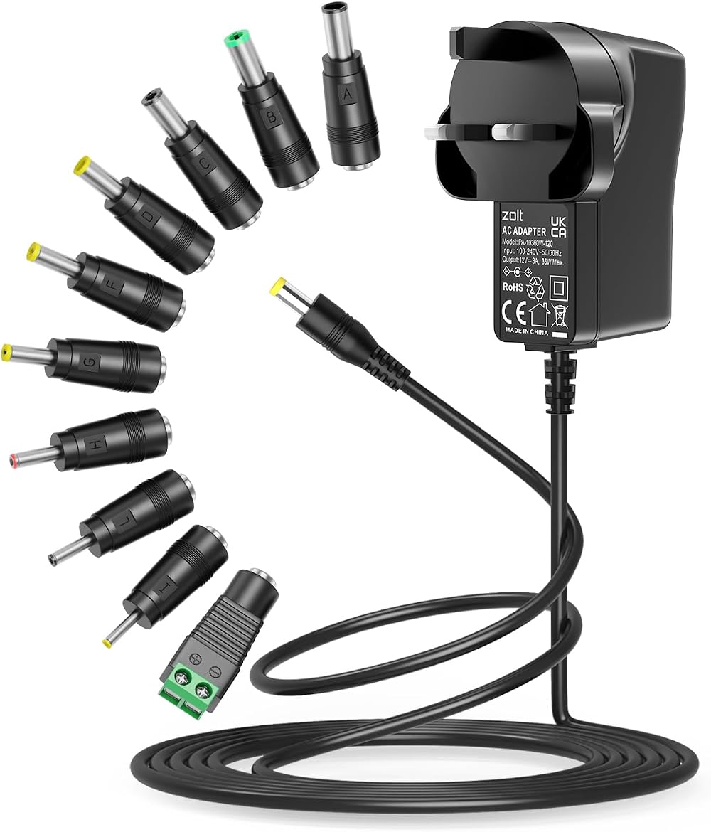 Zolt 12V 3A Universal AC DC Power Supply Adapter 36W with 10 DC Connectors