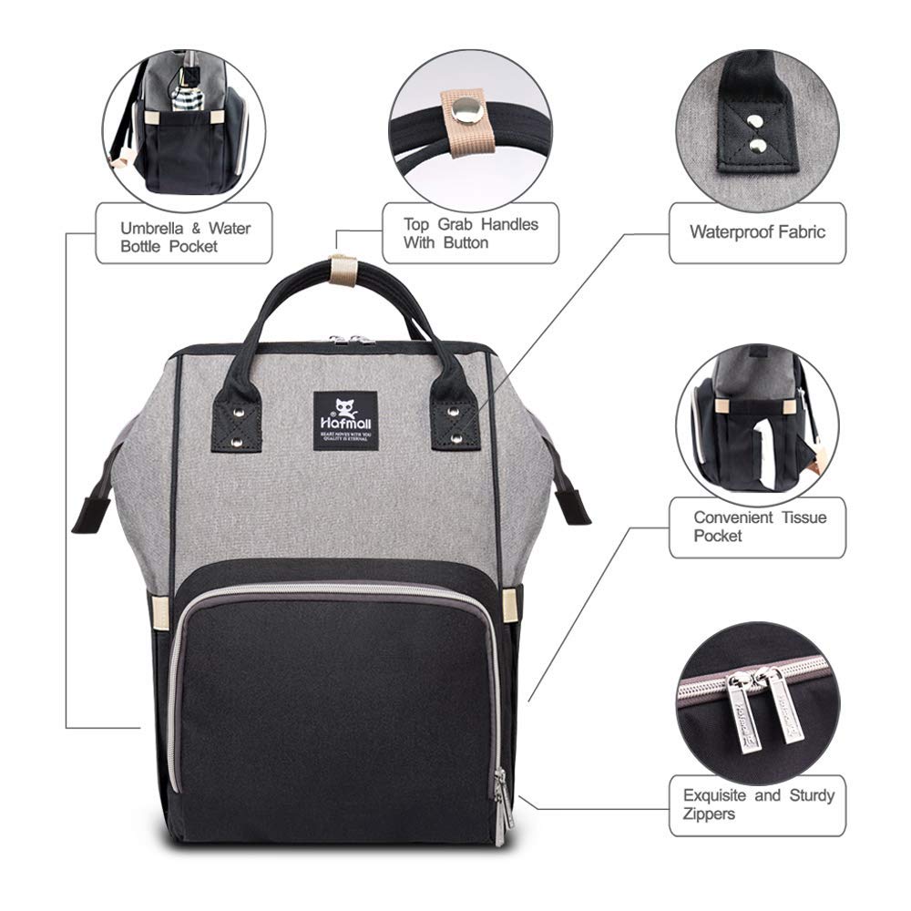 Hafmall Diaper Bag Backpack, Multifunctional Baby Diaper Bag with Stroller Hooks, Stylish Baby Bag for Mom Dad, Gray Black