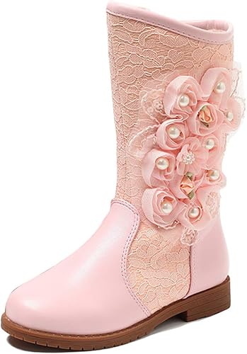 Amazon Com Ubella Girl S Lace Flower Side Zipper Fur Lined Winter Warm Mid Calf Snow Boots Toddler Little Kid Big Kid Snow Boots