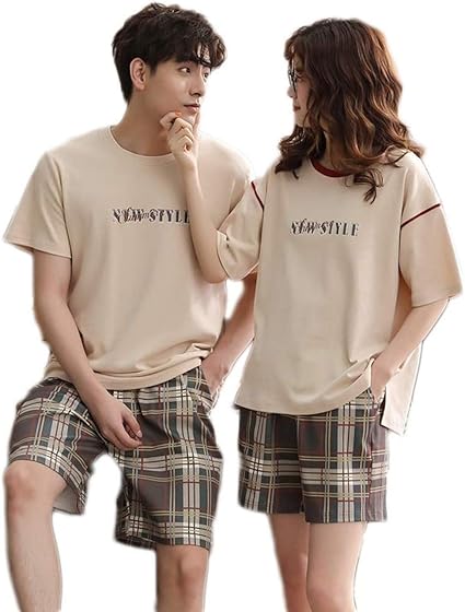Amazon Patypeetyペア パジャマ カップル メンズ 上下 セット レディース 部屋着 トップス ショートパンツ 夏 ルームウェア おしゃれ 半袖 かわいい 寝巻き チェック柄 ベージュ パジャマ ルームウェアセット 通販