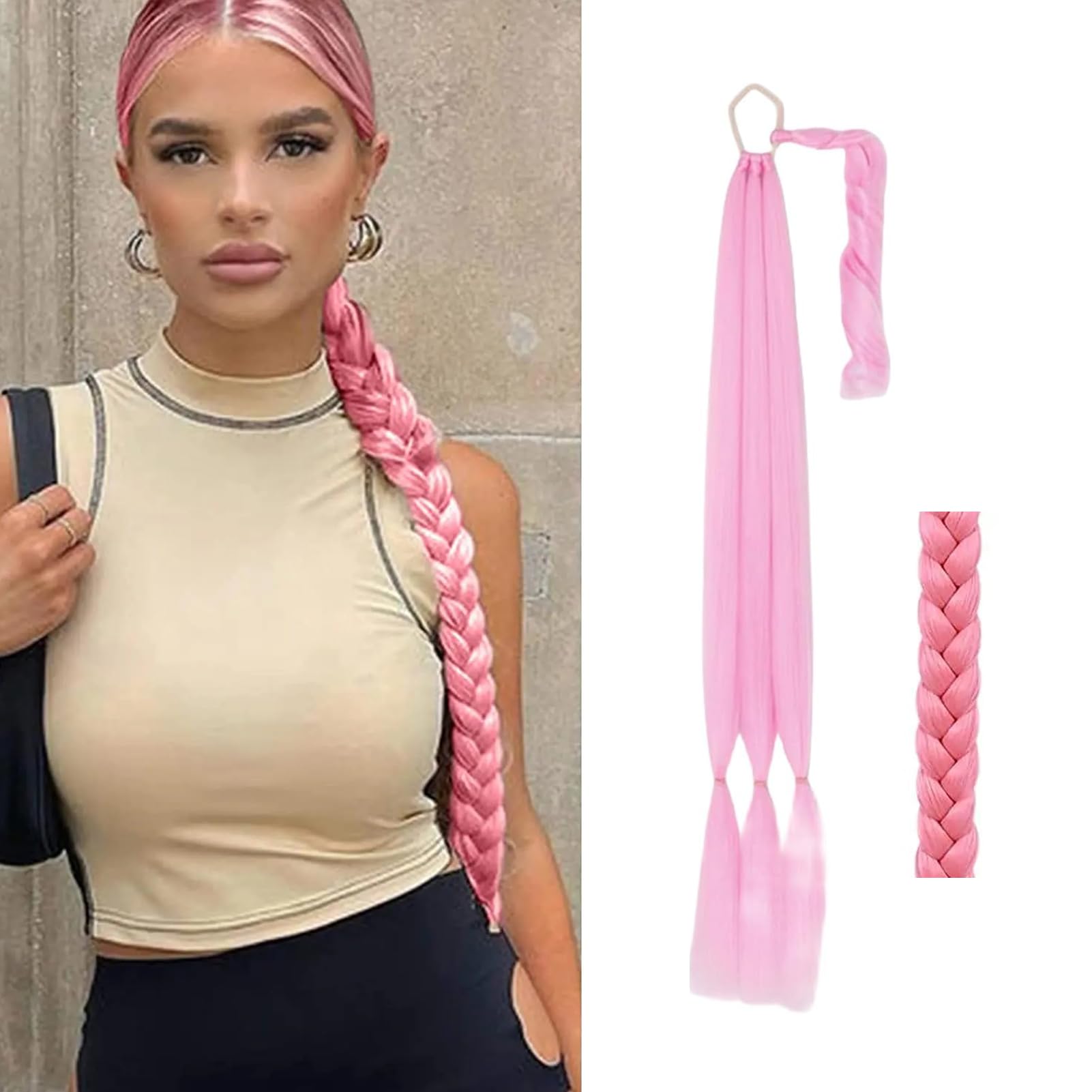 32inch Long Braid Ponytail Extension Straight Sleek Wrap Around Braid Hair Extensions Ponytail Synthetic Hair Pieces for Women Girls (Pink)