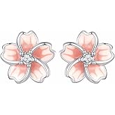 Qings Cherry Blossom Stud Earrings for Women, 925 Sterling Silver Pink Enamel Flower Earrings Hypoallergenic Stud Earrings for Women Birthday Gift
